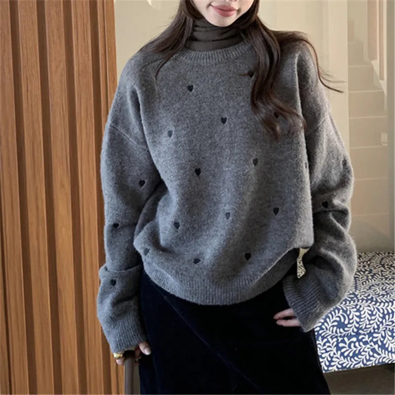 Women's cream crew neck acrylic sweater with love pattern embroidery and long sleeves