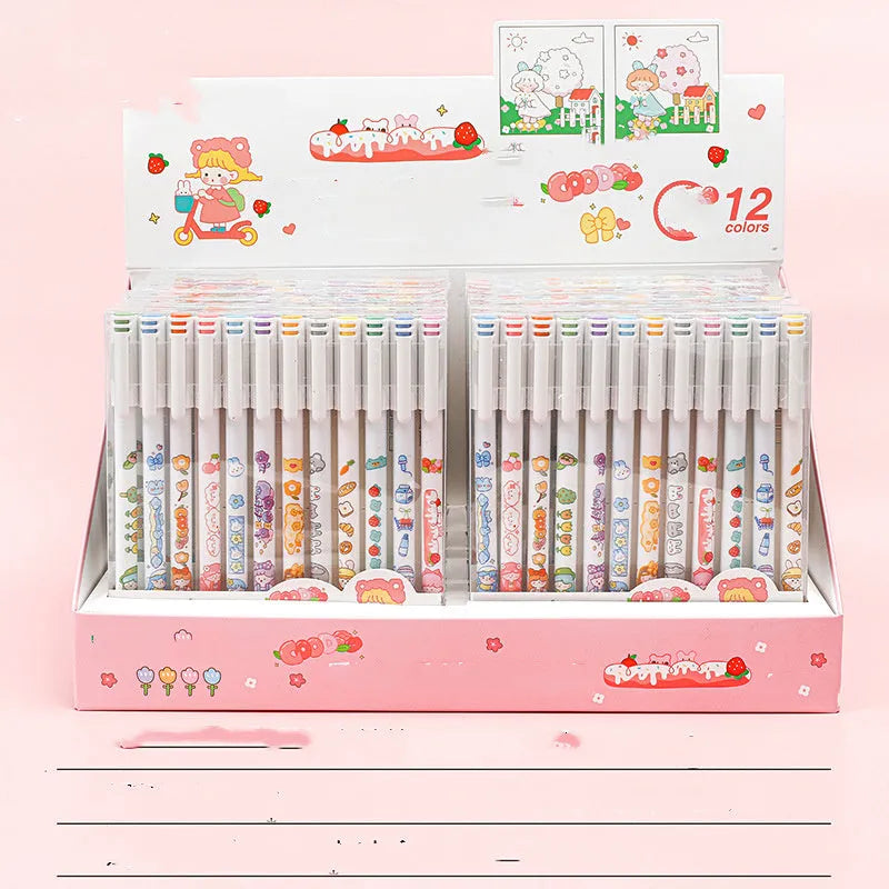 Twelve coloured 0.5mm gel pens in a cartoon-style set for hand account journaling