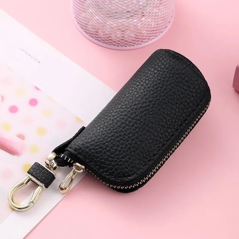 Black zip key case made of PU leather for organising car and house keys