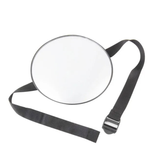 Black baby car rearview mirror with adjustable strap for viewing children in reverse-facing seats