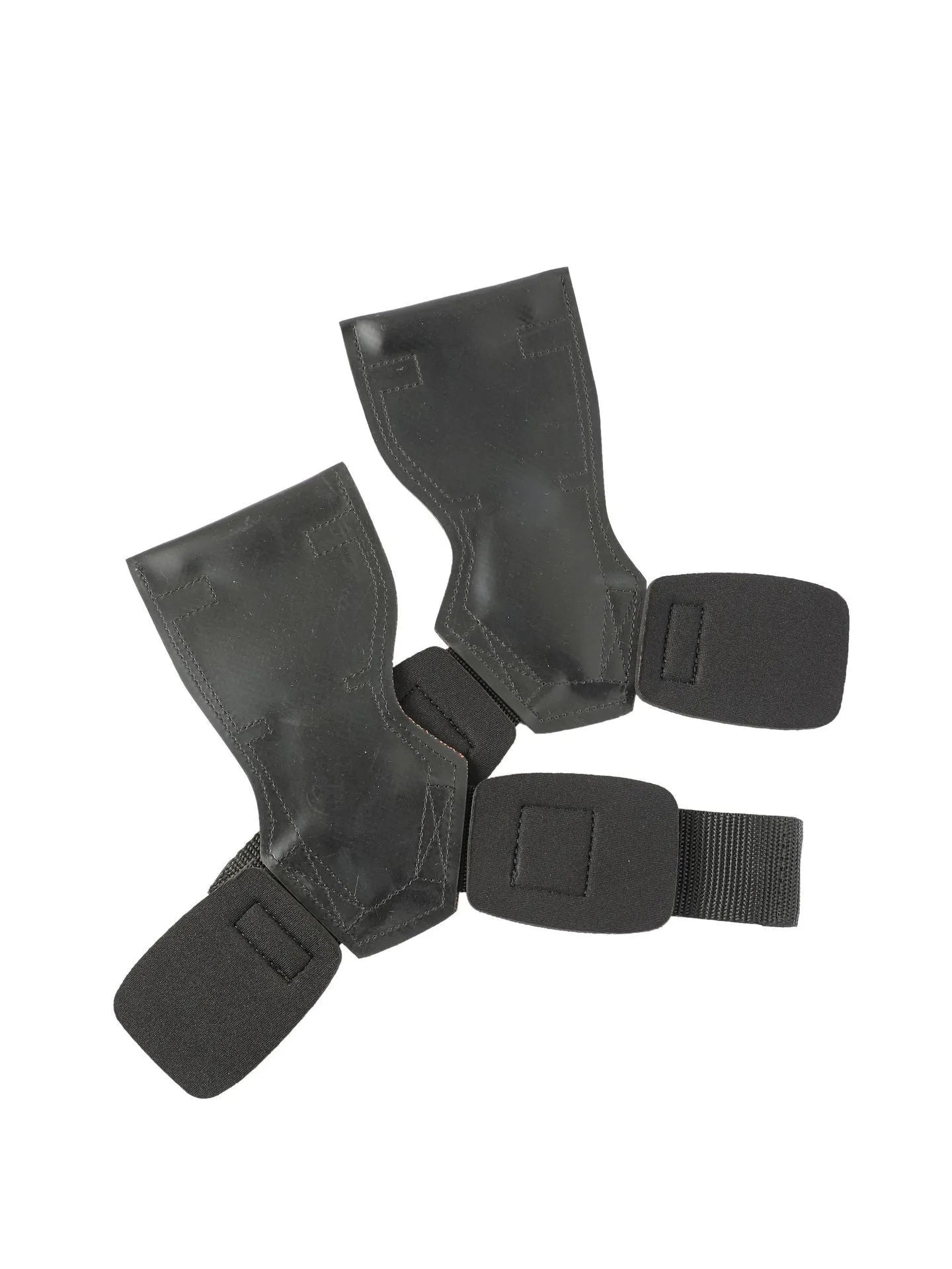 A pair of black rubber palm protection assist belts for rock climbing and weightlifting.