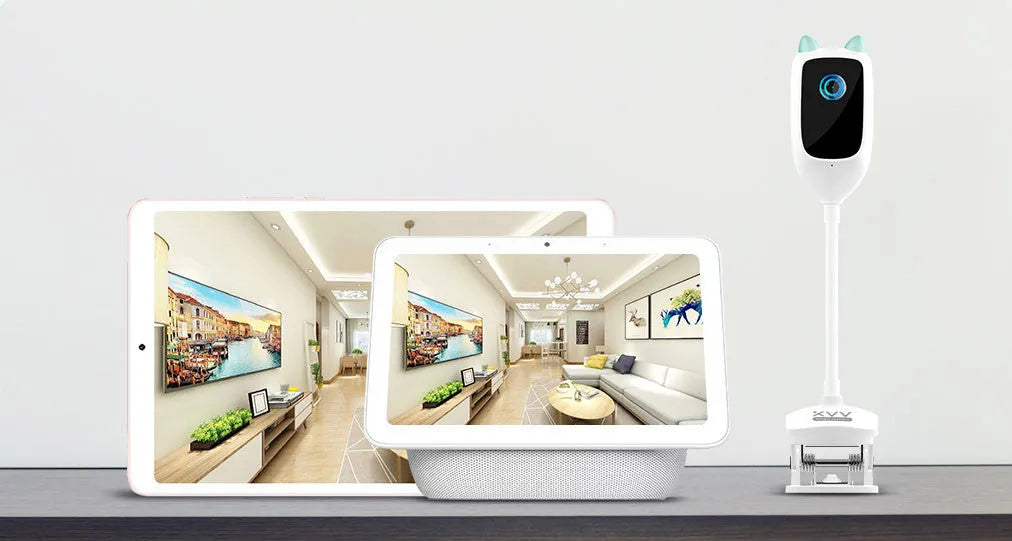 Xiaovv smart baby monitor in white with 1080p HD, night vision, and 150-degree wide angle lens