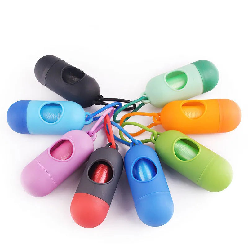 Lightweight dog poop bag holder with Velcro strap and metal hook in assorted colours