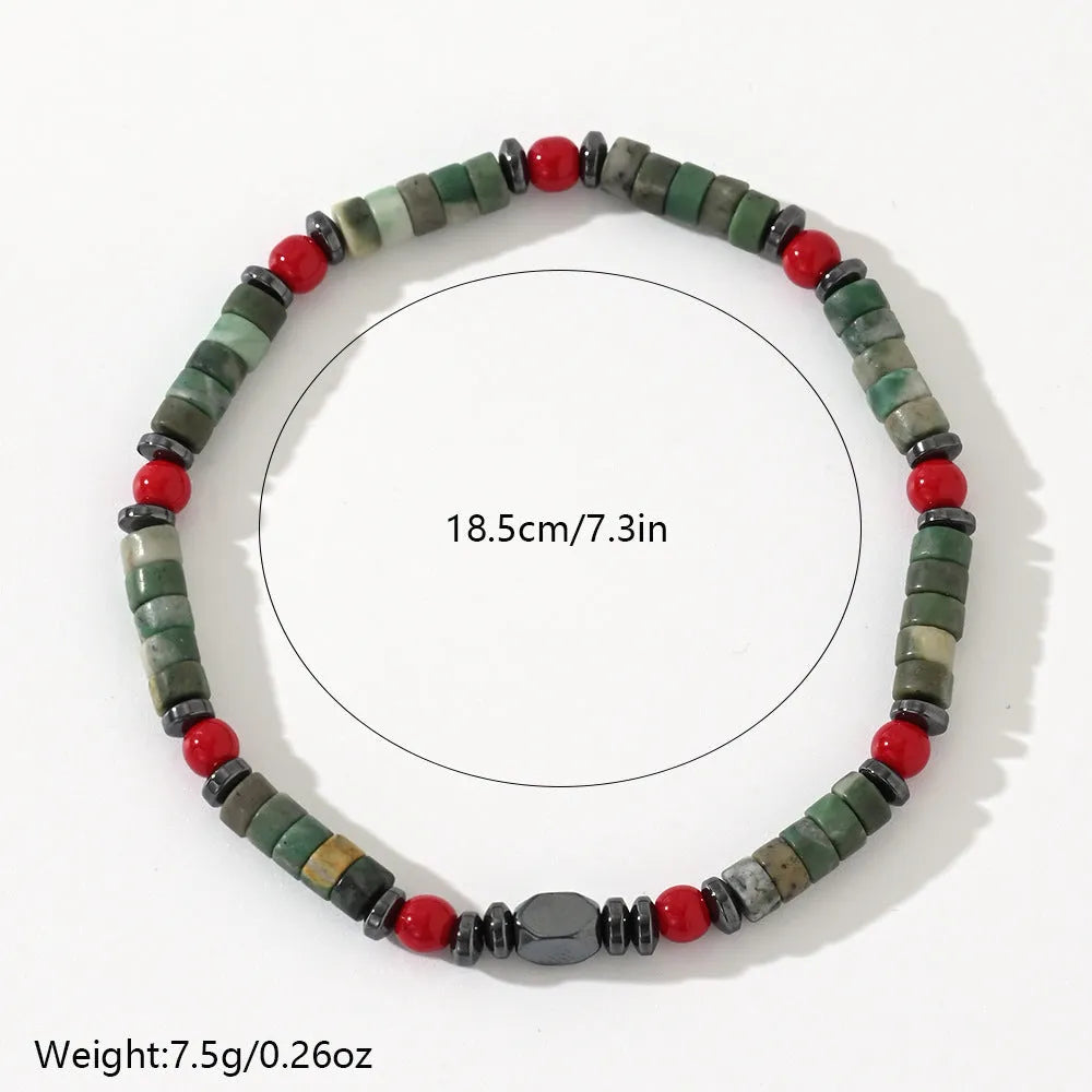 Men's bohemian bracelet with cylindrical semi-precious stone beads on a hand-woven cord.