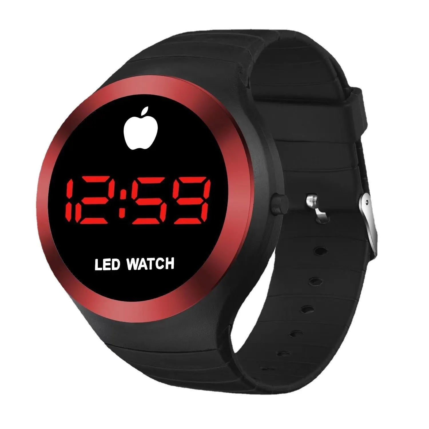 Round electronic watch with black TPU strap, 35mm square dial, and 1 inch screen on a white background