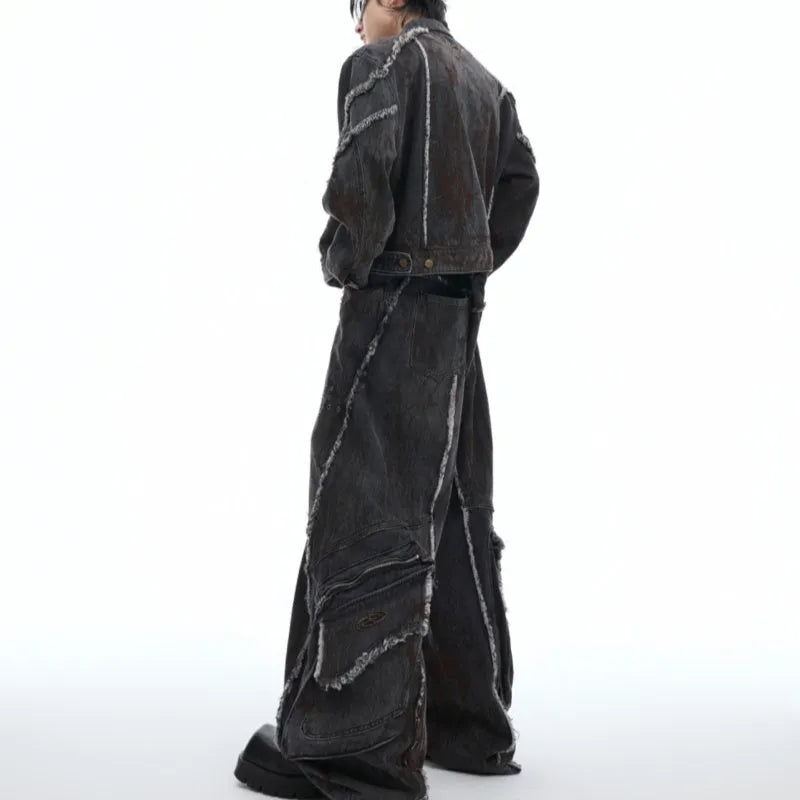 Distressed denim coat and matching black trousers set with gradient pattern and padded shoulders