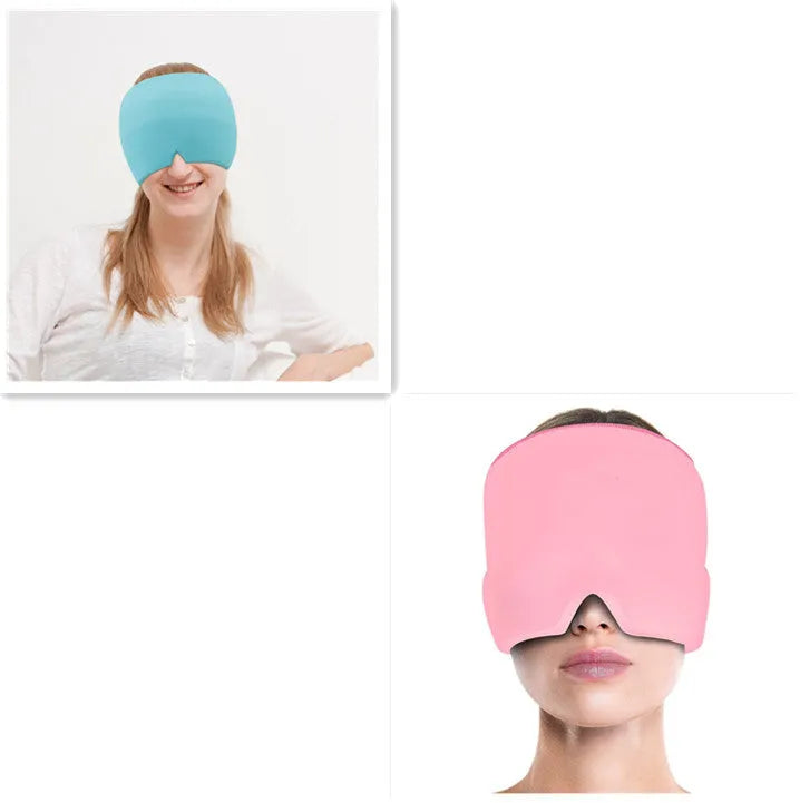 Black elastic cloth gel headache relief mask showing eye coverage and adjustable headband