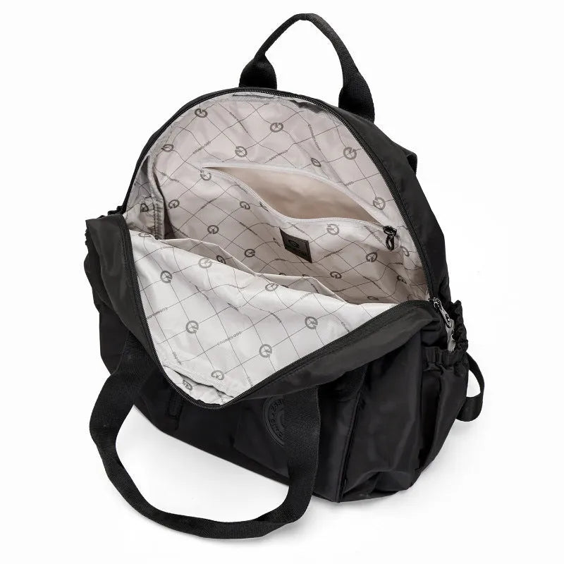 Large lightweight outdoor backpack in nylon, showing sandwich pocket, in black, khaki, or green letter print colours.