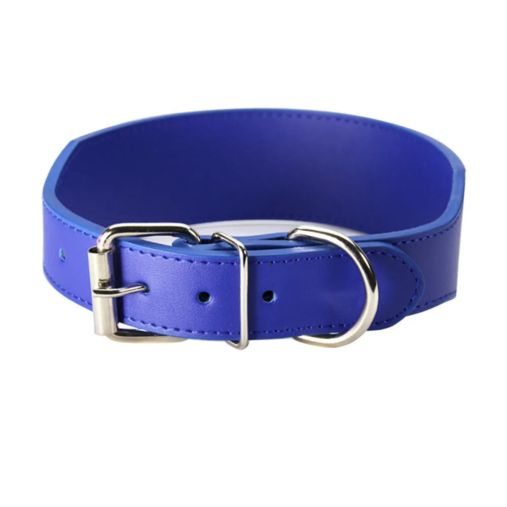 Fish-shaped wide leather dog collar with attached scarf for large breeds in assorted colours.