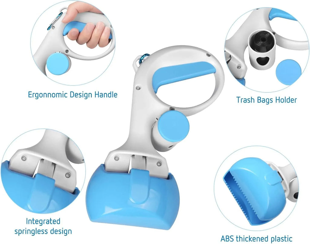 ABS plastic pet pooper scooper with integrated trash bag holder and top hanging hook