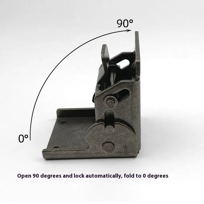 Furniture foot folding hinge in nickel silver finish showing 0-90 degree angle range.