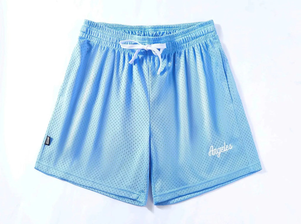 Men's black double-layer mesh sports shorts on a white background.