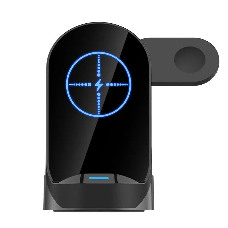 Grey black foldable 3-in-1 wireless charger standing vertically with phone, watch, and earbuds case.