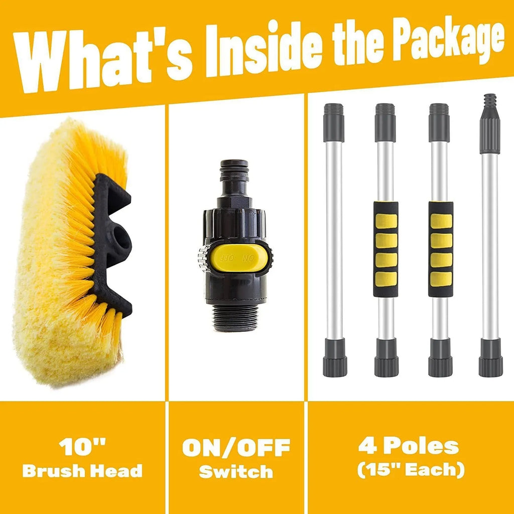 Car wash brush with four-section removable rod and flow-through head in yellow colour