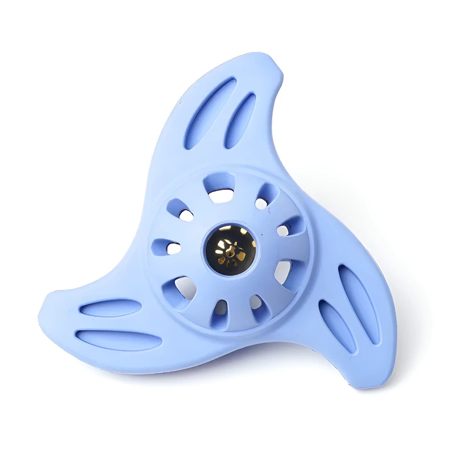 Blue bite-resistant boomerang dog toy with molar texture for large breed chewing.