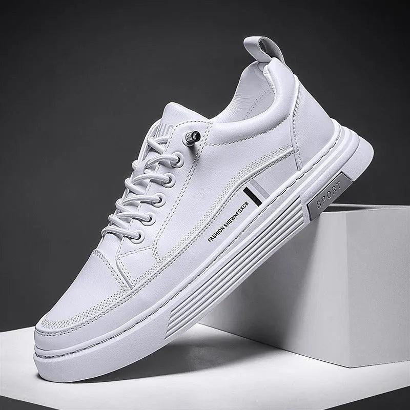 Men's white and black low-top skate shoes with elastic band and round toe.