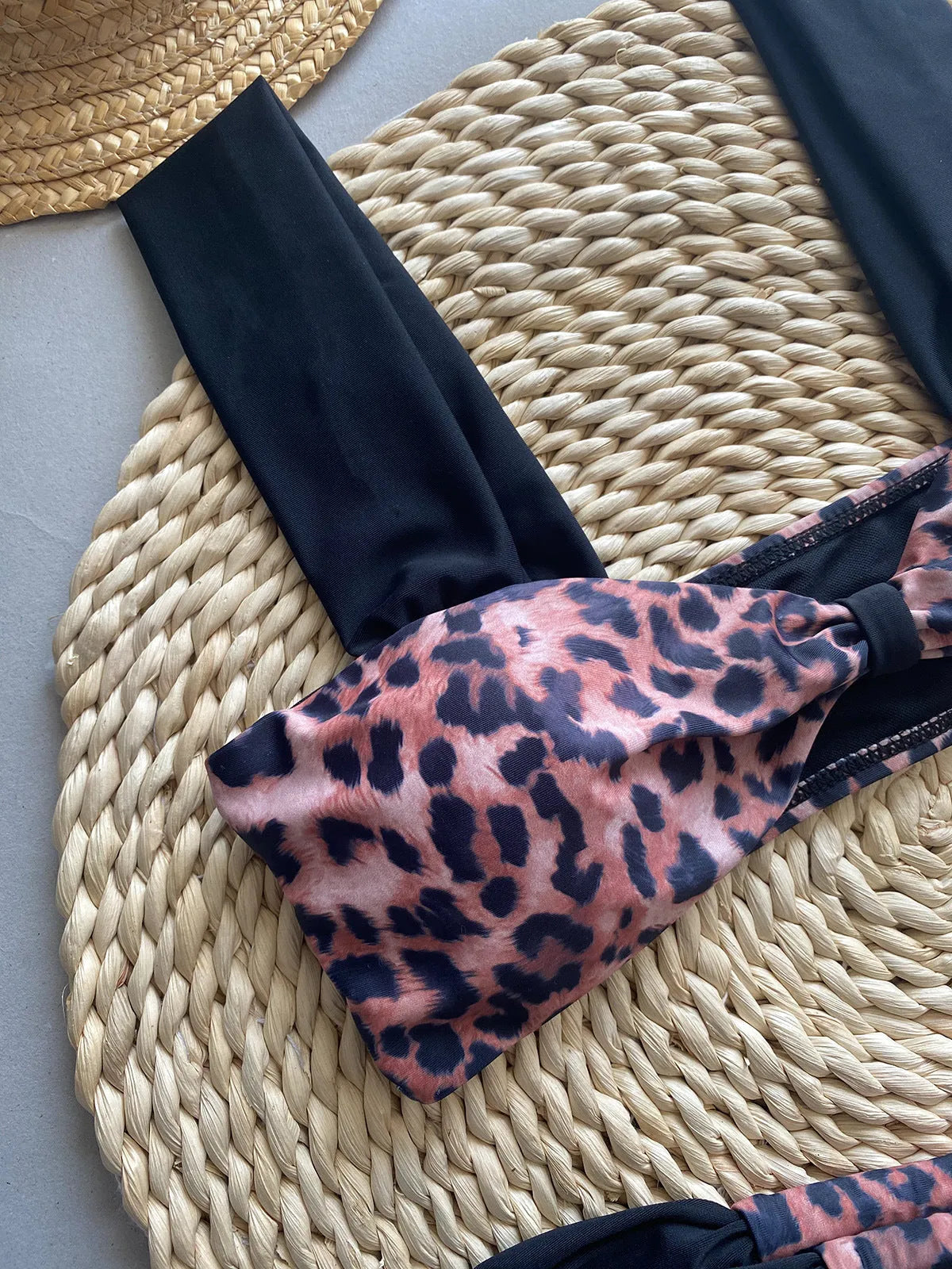 Women's black leopard print bikini swimsuit with tube top and Asian sizing options