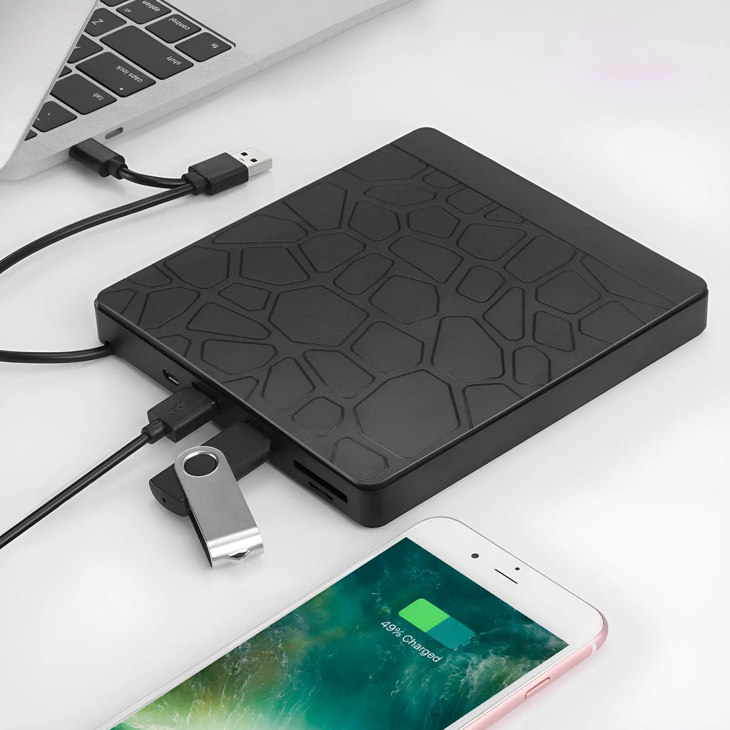 Black portable external optical drive with dual interface connections for laptop computers