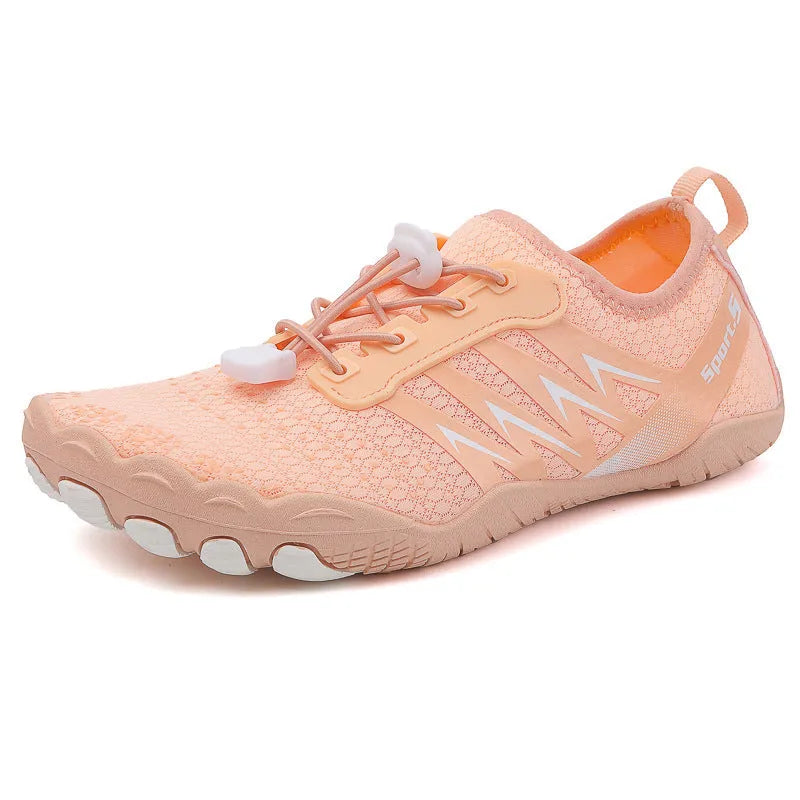 Low-top river tracing shoes with mesh upper in apricot colour on natural rubber sole