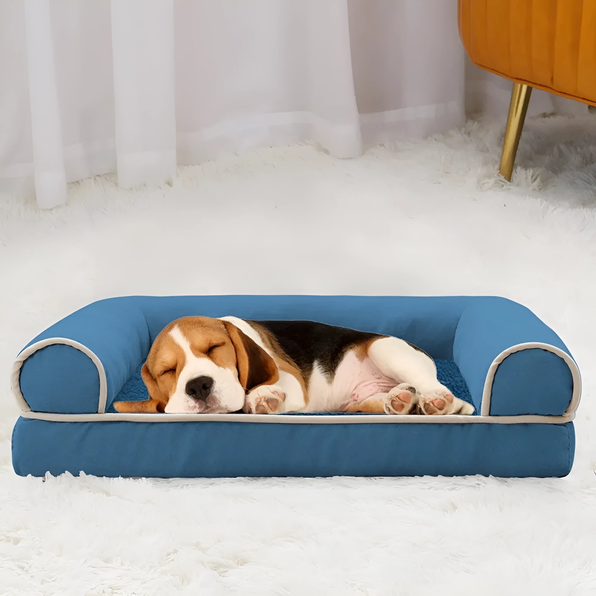 Square pet cooling bed with breathable sponge and blue cloth cover for dogs.