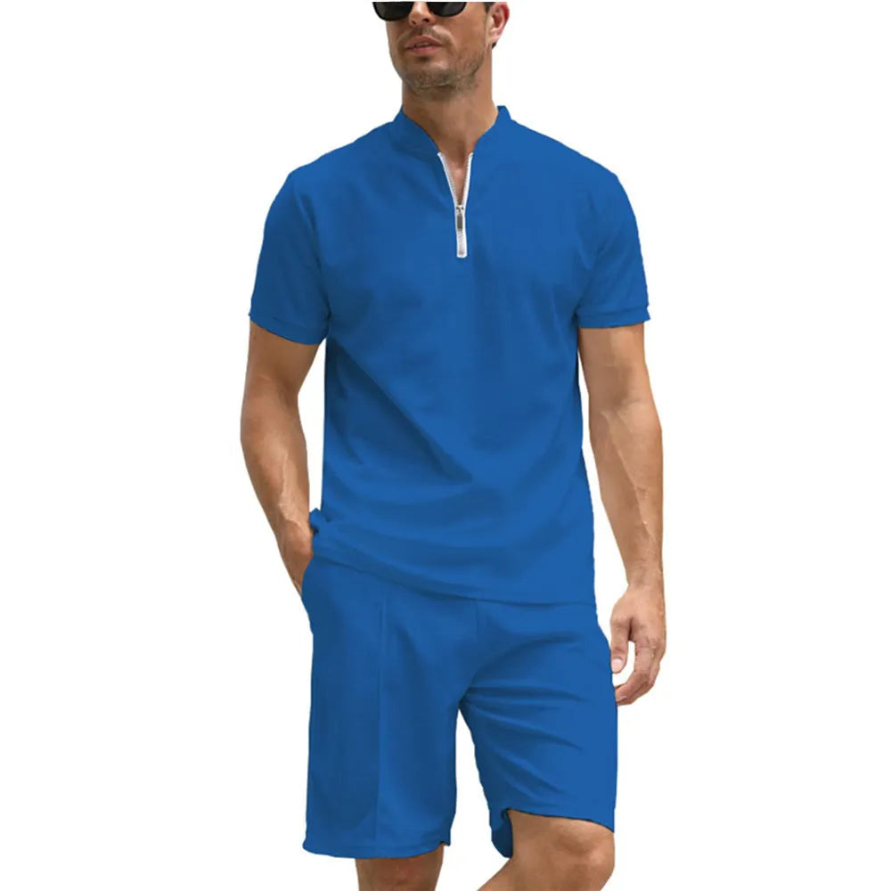 Men's solid colour short sleeve polo shirt and matching trousers two-piece suit set