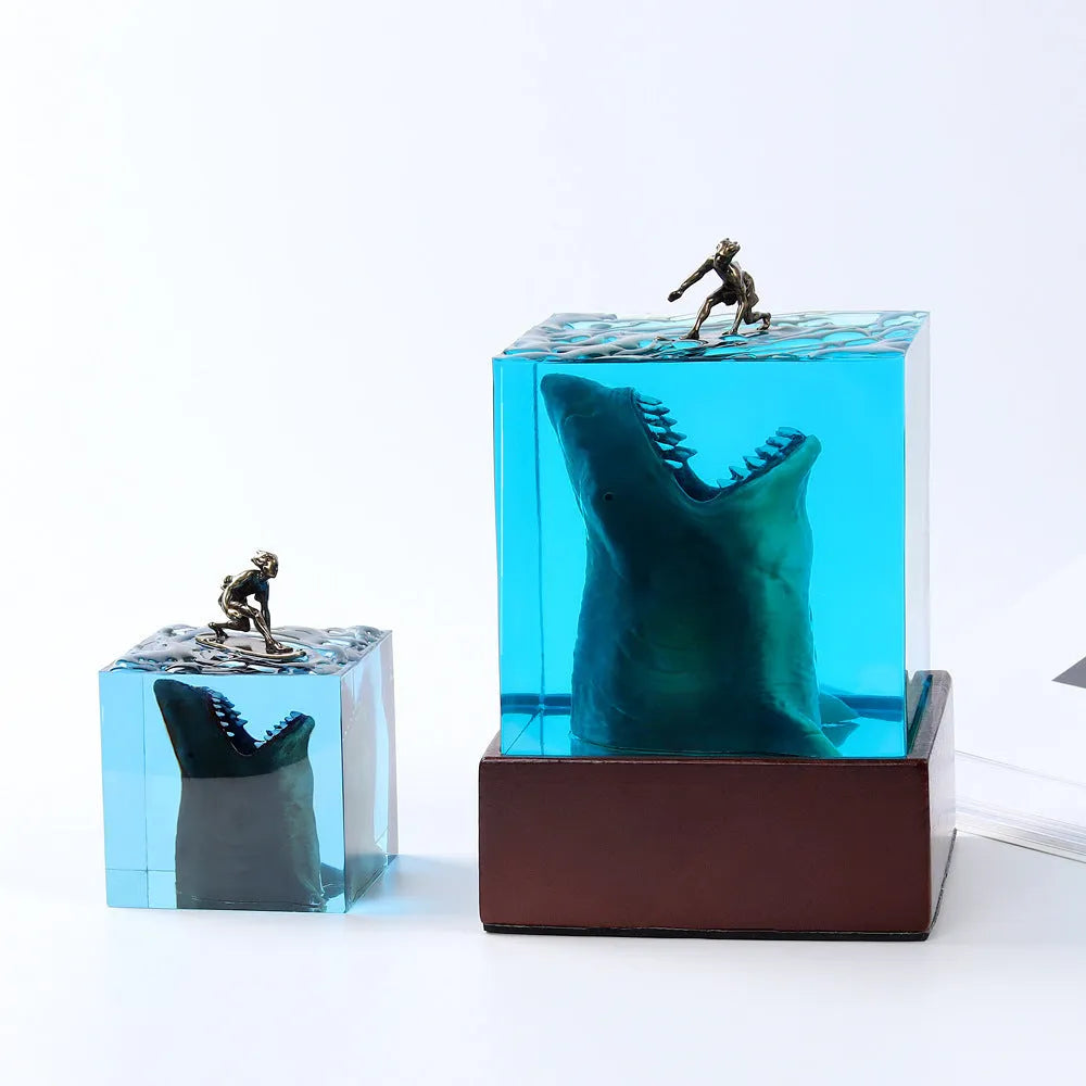 Ocean Shark Surfer resin night light ornament in epoxy resin with modern shark design