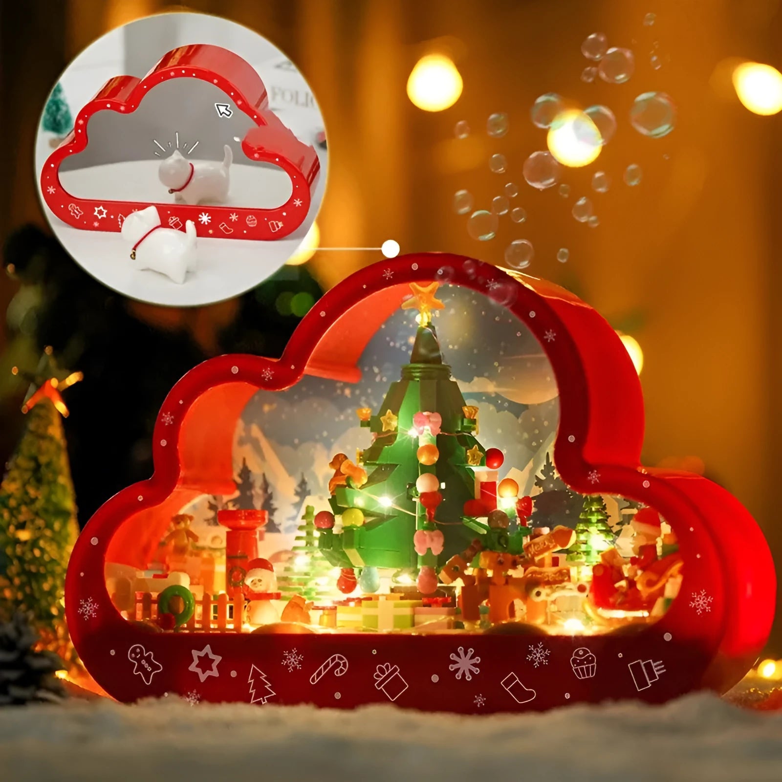 Assembled building block cloud night lamp with LED lights and decorative mirror frame showing fairy tale Christmas tree design