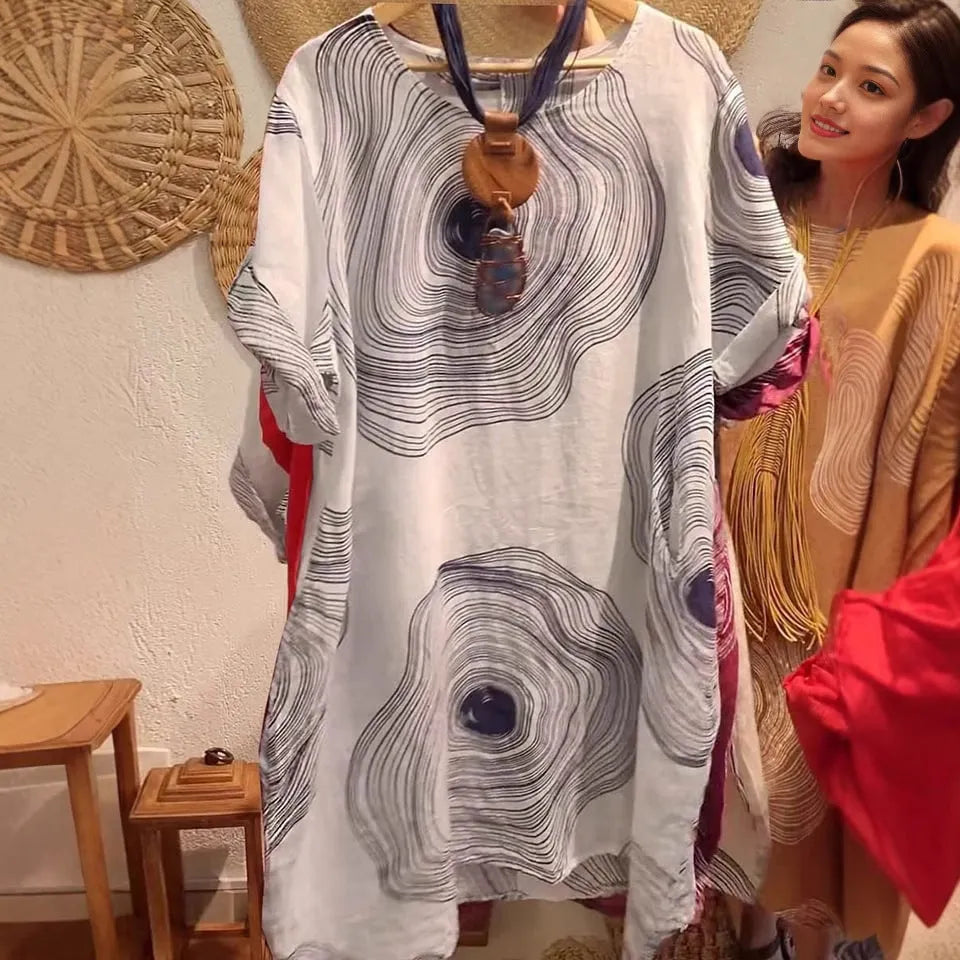 Women's round neck abstract print sleeve dress with A-line skirt in red, white, burgundy, apricot, light green, orange