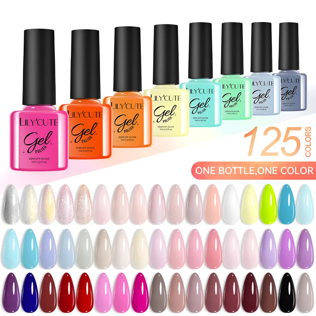 Set of 20 UV gel nail polish bottles in various colours including glitter and nude shades for nail art