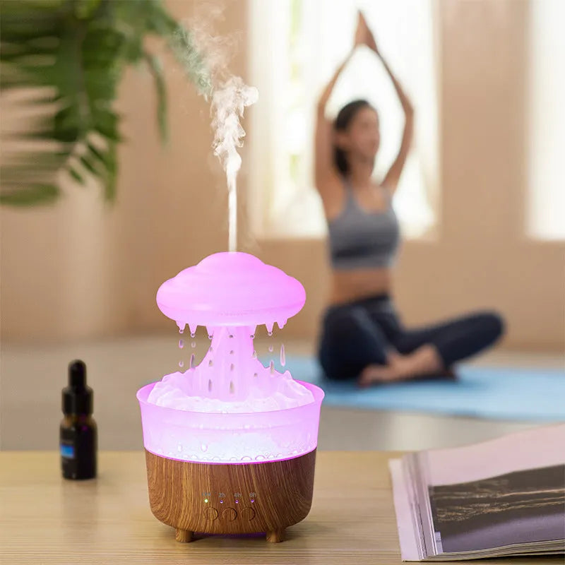 Rain cloud shaped humidifier with wood grain finish and LED night lights in column design
