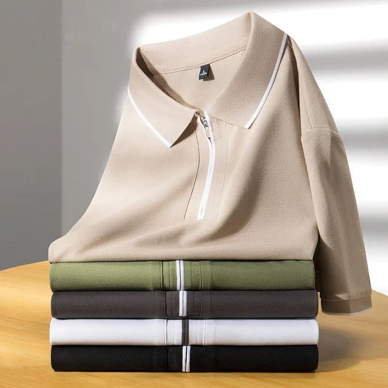 Men's slim fit cotton blend short sleeve top with silk lapel collar in five colour options