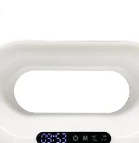 White smart LED desk lamp with wireless charging pad and alarm clock display in 3-in-1 design