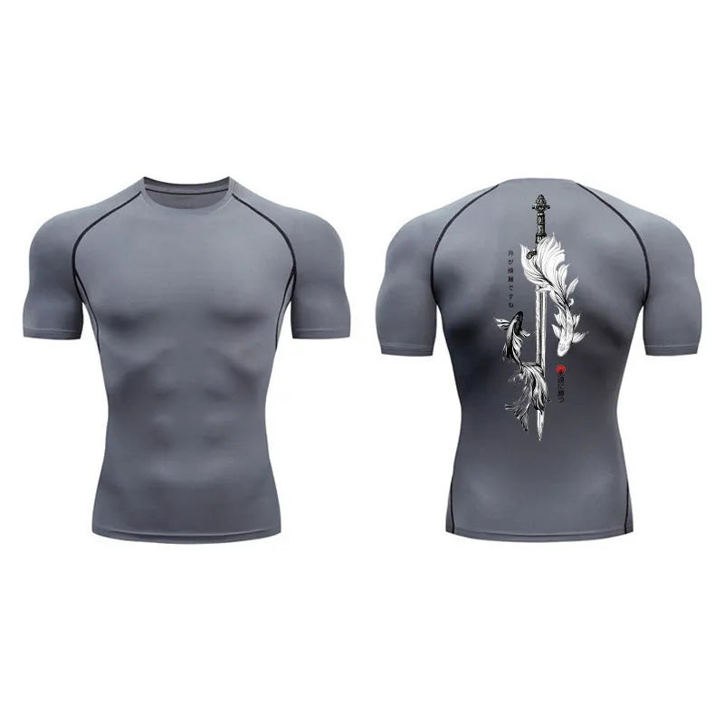 Men's short sleeve compression shirt with sword print design in loose fitting polyester blend fabric