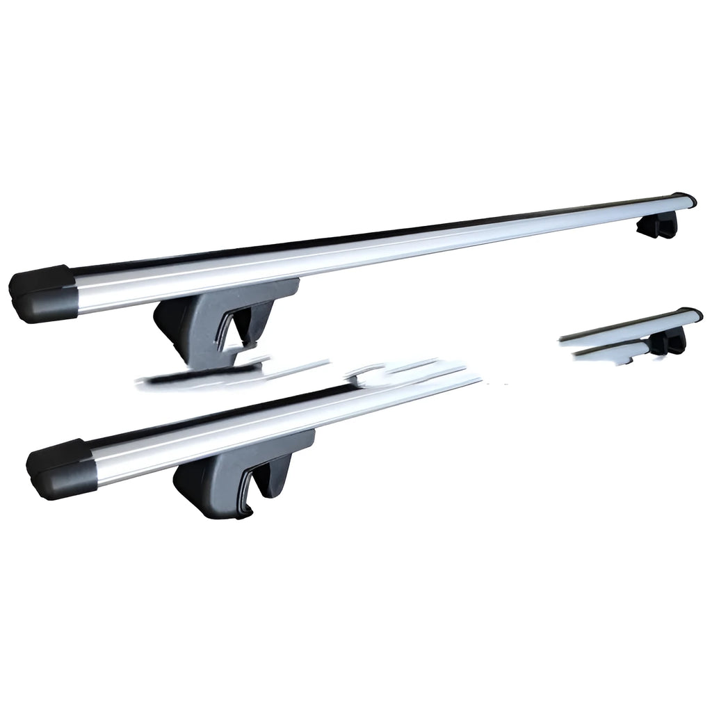 Alloy roof rack crossbar set for General Motors SUV, showing adjustable length and mounting points.