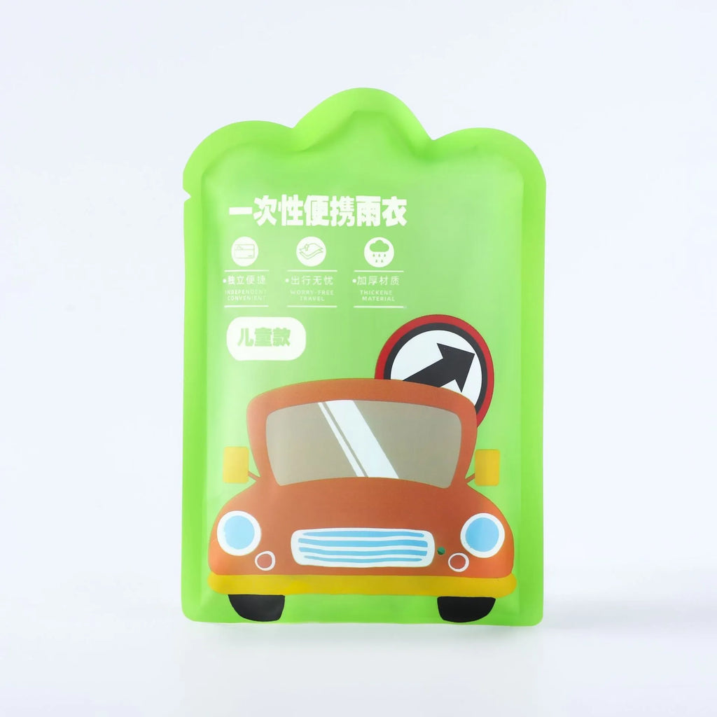 Disposable children's rain poncho folded to 13x9cm size in sealed bag packaging with colour options display