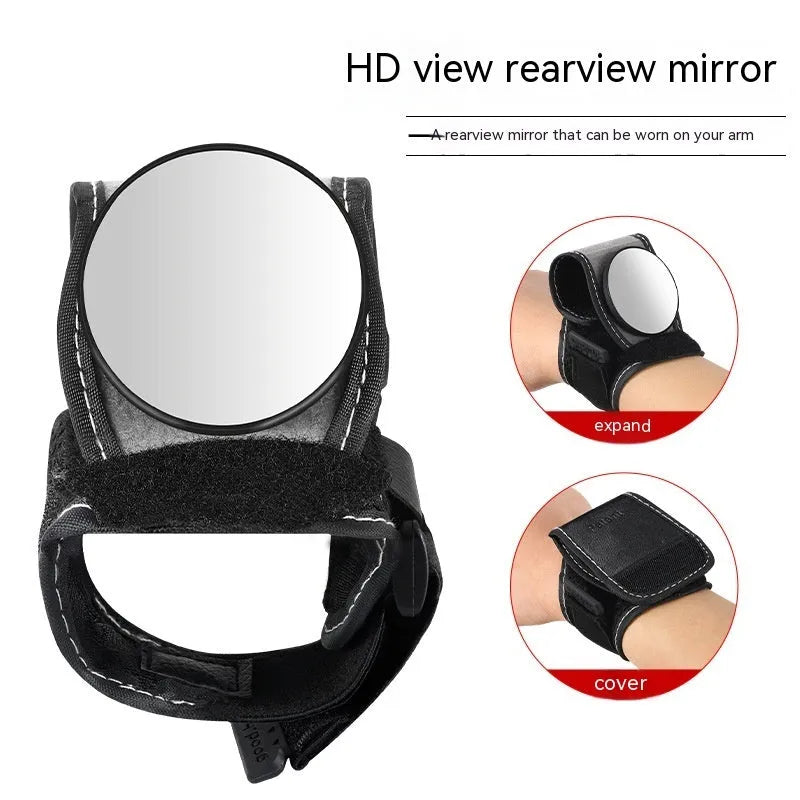 Black nylon cycling rear-view mirror with universal bicycle mount and adjustable viewing mechanism