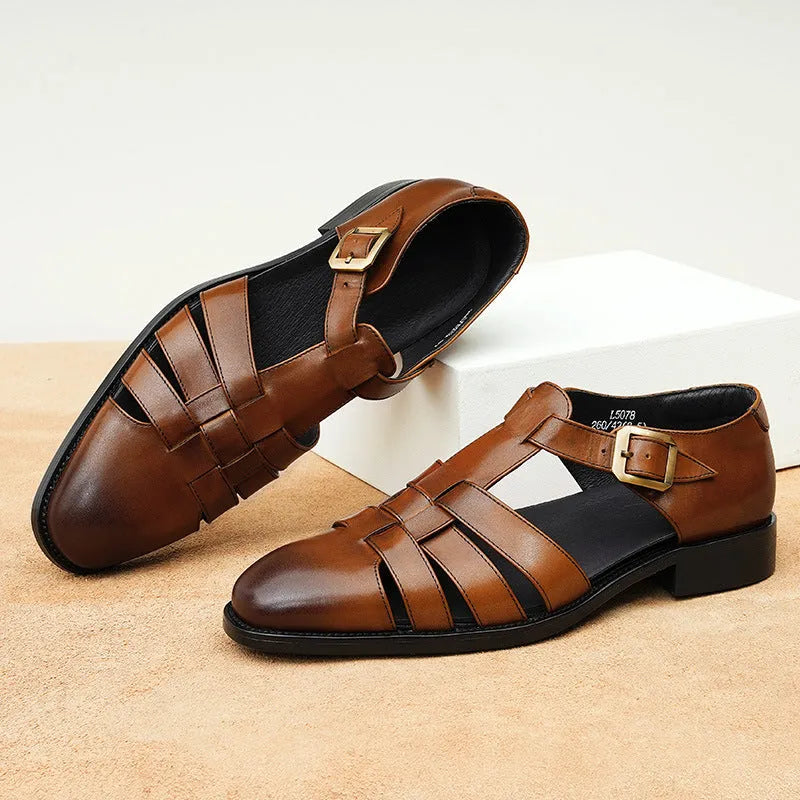 Men's black genuine leather retro business sandals with rubber sole showing size tag