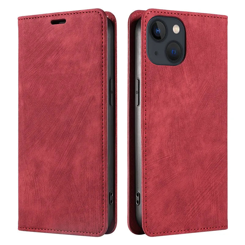 Magnetic flip phone case for iPhone in solid colours, showing TPU frame and leather cover.