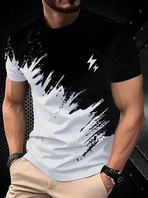 Grey loose-fit men's short sleeve casual T-shirt made from polyester fabric on a hanger.