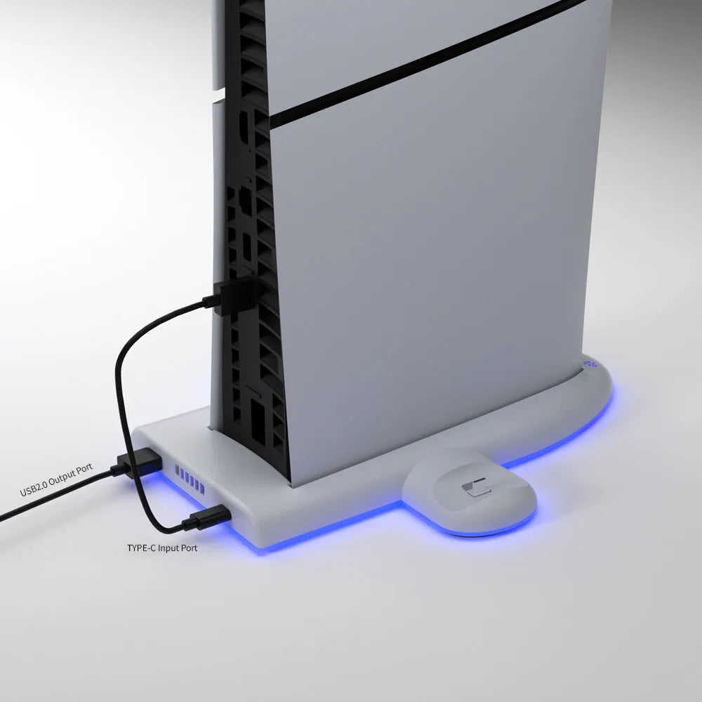 White PS5 slim multifunctional cooler pad with fixed charging base and RGB lighting