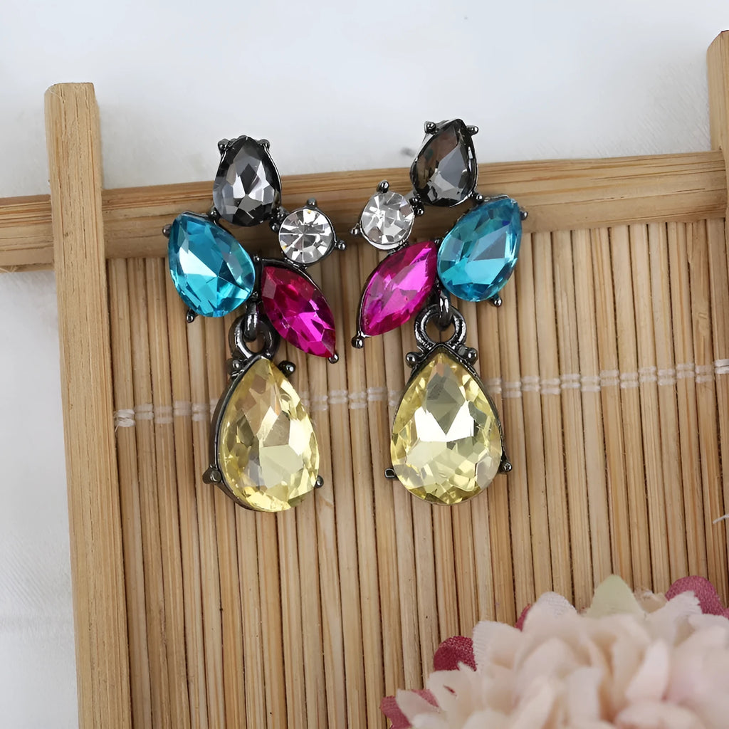 Drop shape glass crystal steel needle earrings in five colours: green, gray, dark blue, yellow, colorful blue