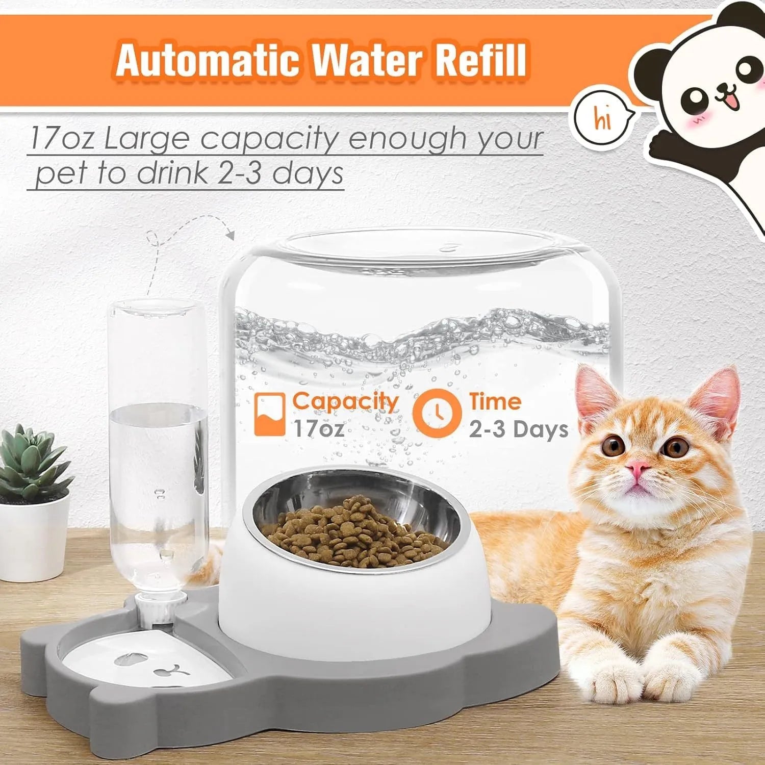 Grey and green panda-shaped elevated pet bowl set with tilted stainless steel bowls and a large automatic water bottle.