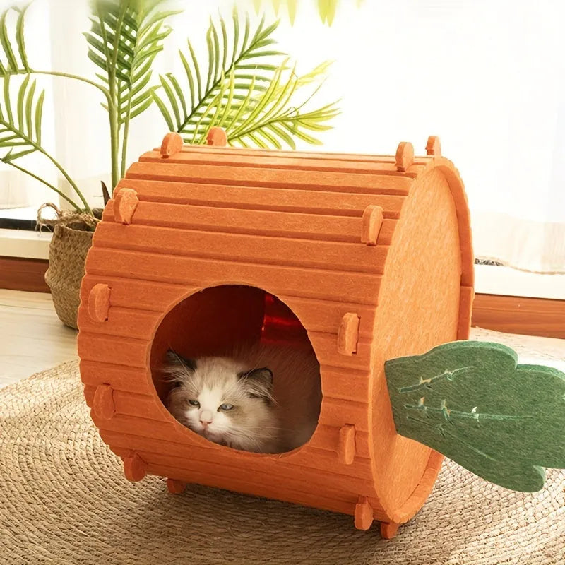 A brown felt carrot-shaped cat nest with a round drilled hole entryway, shown in two size options.