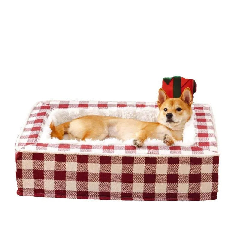 Classic plaid-patterned removable dog cushion for crate or kennel, shown in red, blue, black, or brown.