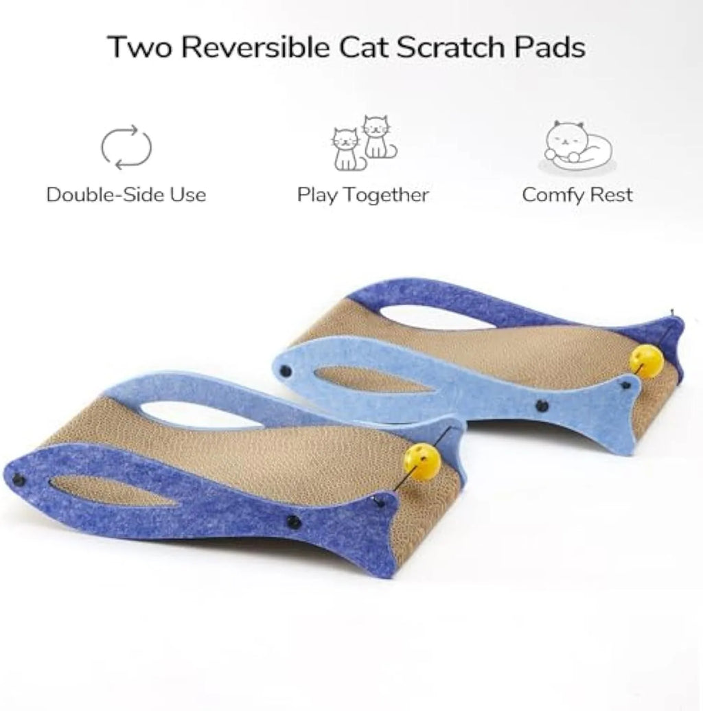 Blue fish-shaped cardboard cat scratcher lounge with a dangling bell ball toy for indoor cats.