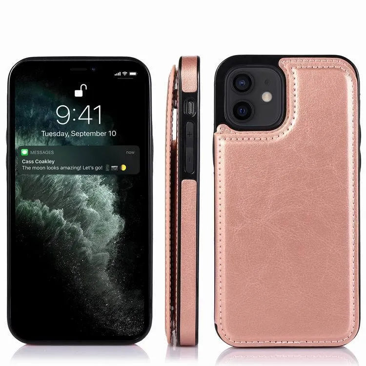 Brown Crazy Horse pattern leather double buckle bracket holster case for iPhone 13 on a table