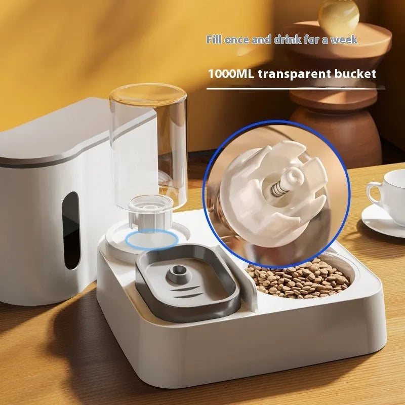 Cat automatic pet feeder with integrated double bowl water dispenser system