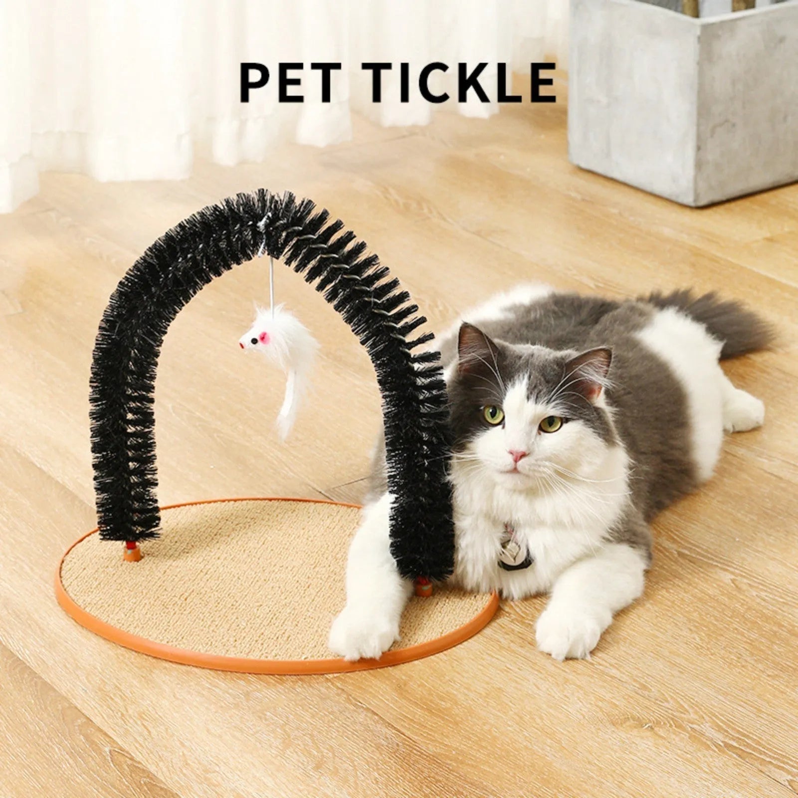 Black arch-shaped cat scratching post with grooming brush surface and attached plush mouse toy