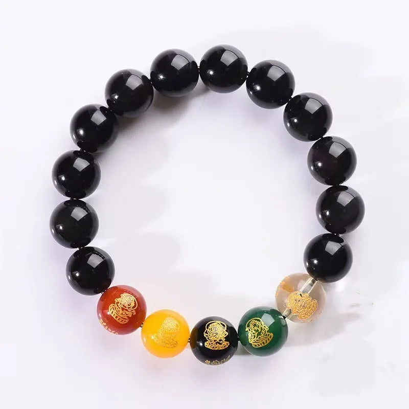 Single Circle Five Gods Of Wealth men's rainbow eye obsidian bracelet with polished crystal beads.