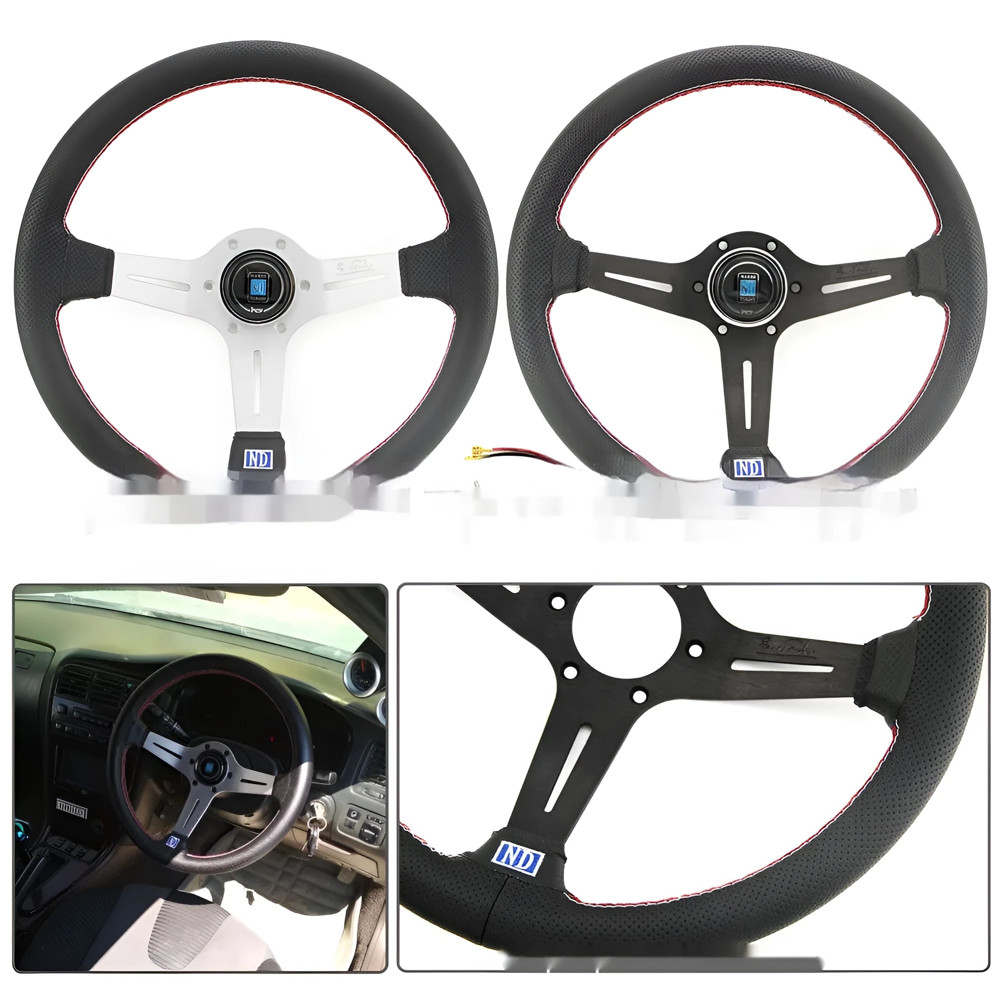 14-inch leather steering wheel with concave middle grip, showing black skeleton option